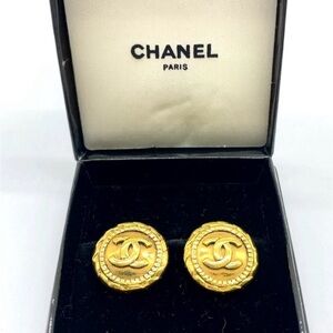 CHANEL -Vintage Coco Mark Round Gold Clip-On Earrings